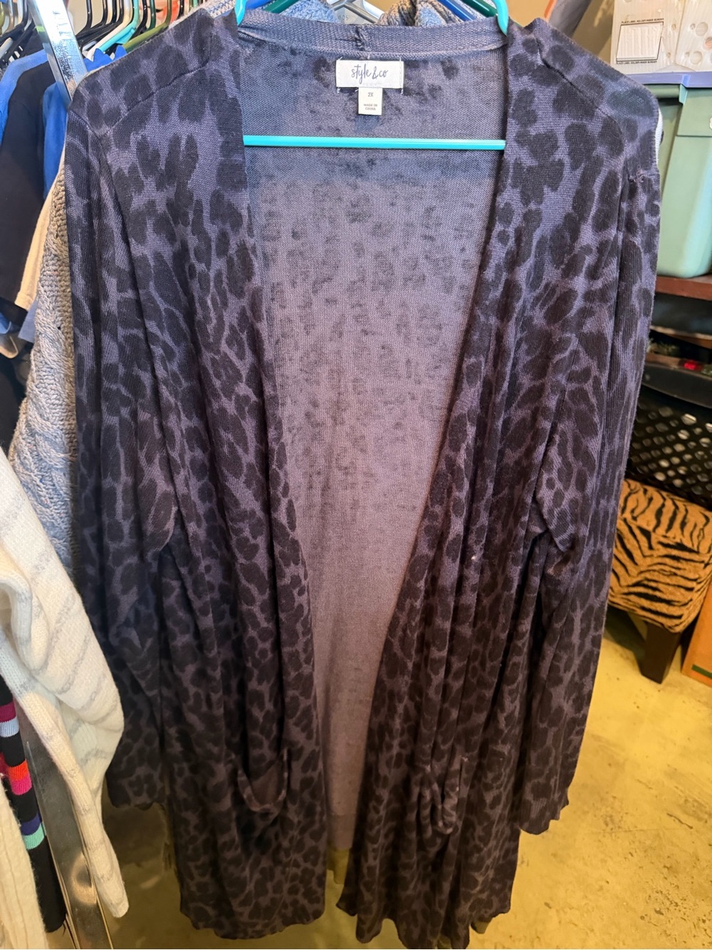Style & Co. Dark Gray Leopard Open-Front Cardigan